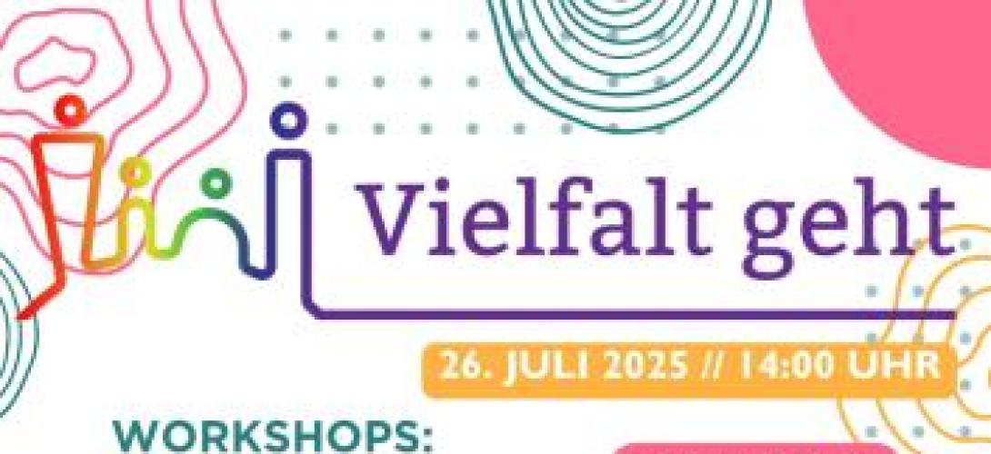 Mit einem farbigen Poster wird auf die Workshops am 26.07. im Haus der Jugend Pforzheim hingewiesen. Mit Hilfe eines QR-Codes kann die Anmeldung vorgenommen werden.